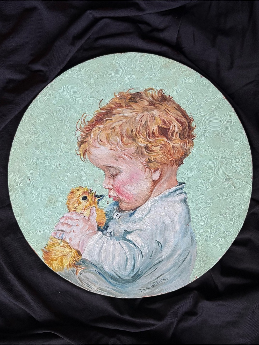 Little Boy With Duckling Original Painting On Wood Board 11” With Gift Note 1934